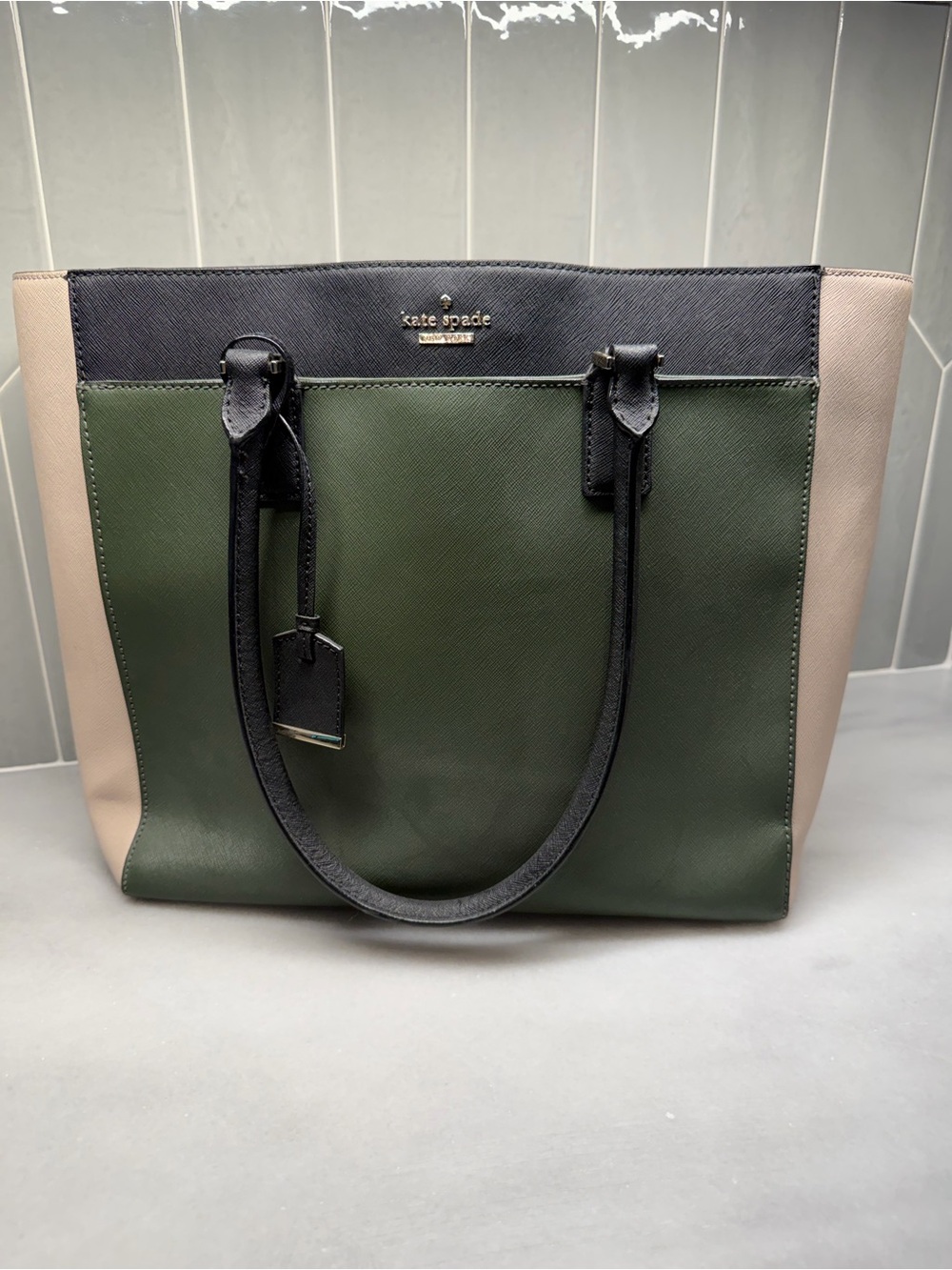 Kate Spade Cedar Street Colorblock Tote Bag Green Black Beige Large Work Bag